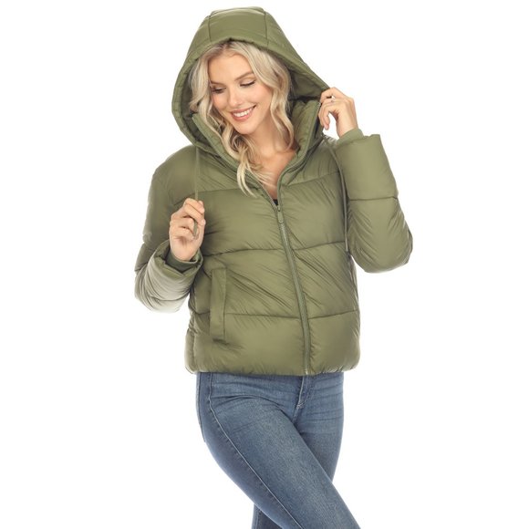 Women's Full Front Zip Hooded Bomber Puffer Jacket - Picture 1 of 7